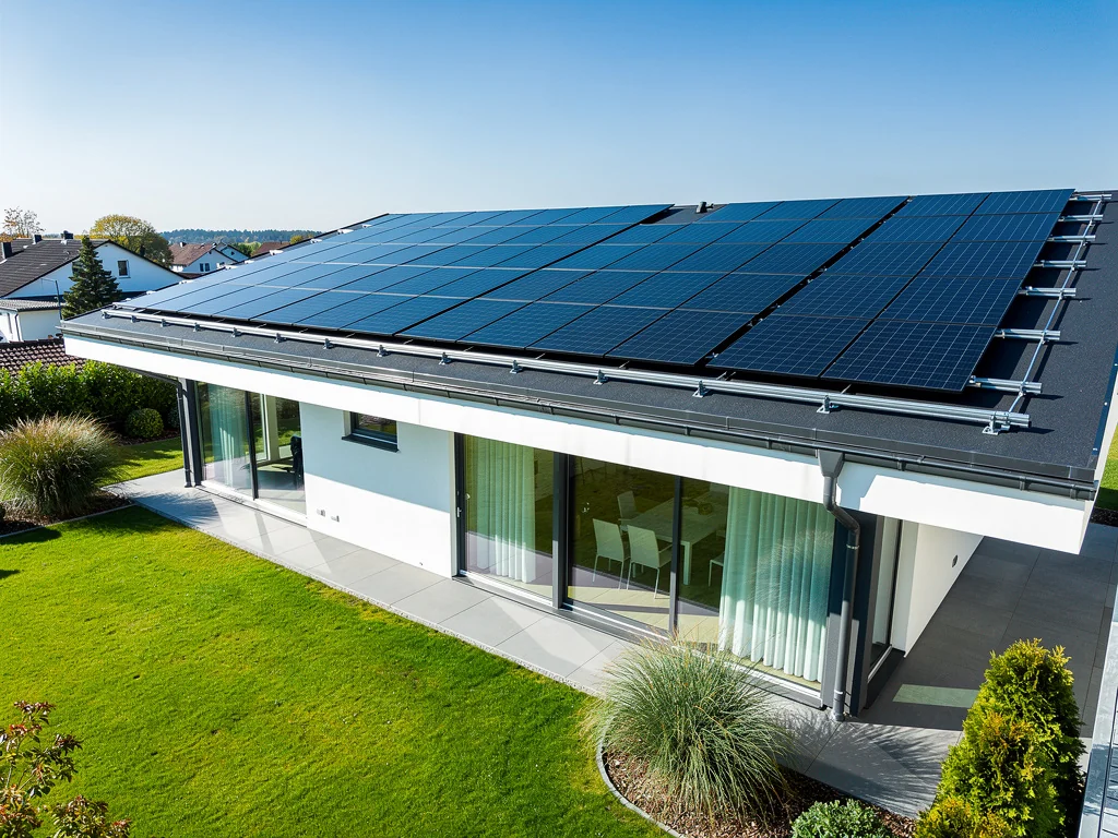 Installation solaire en autoconsommation sur le toit plat d'une maison moderne