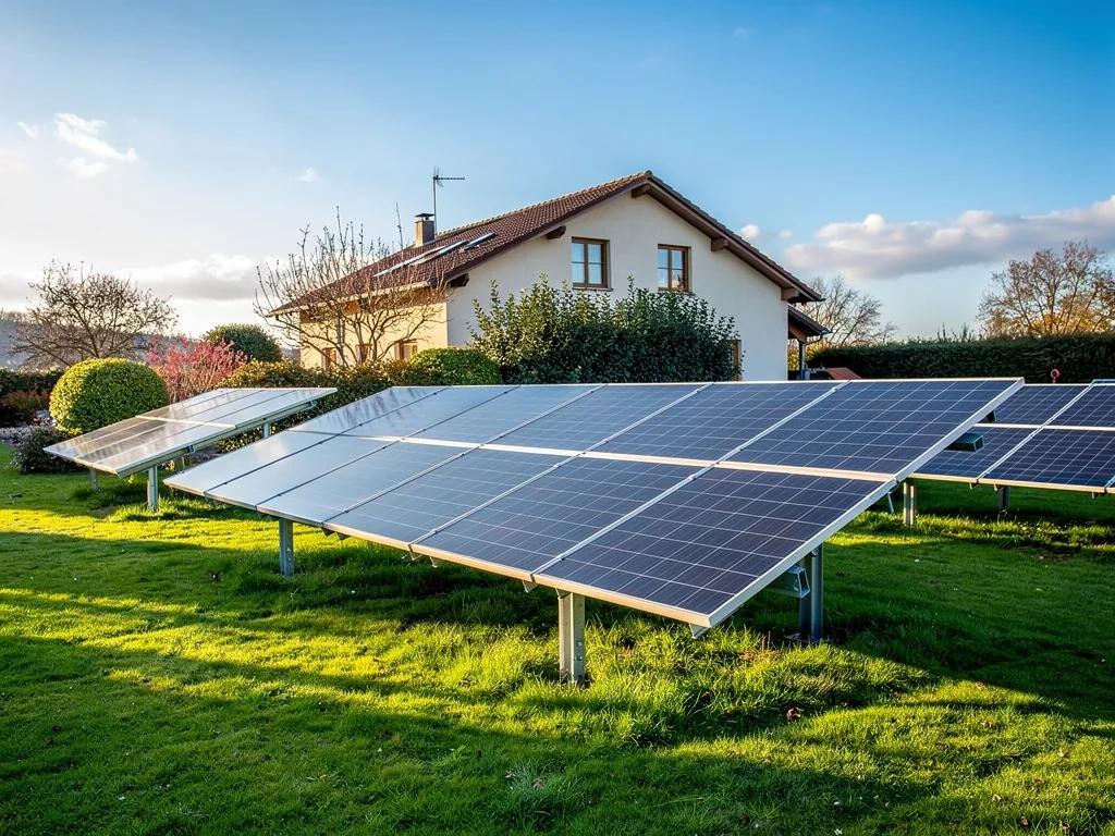 Panneaux solaires montés au sol dans le jardin d'un pavillon