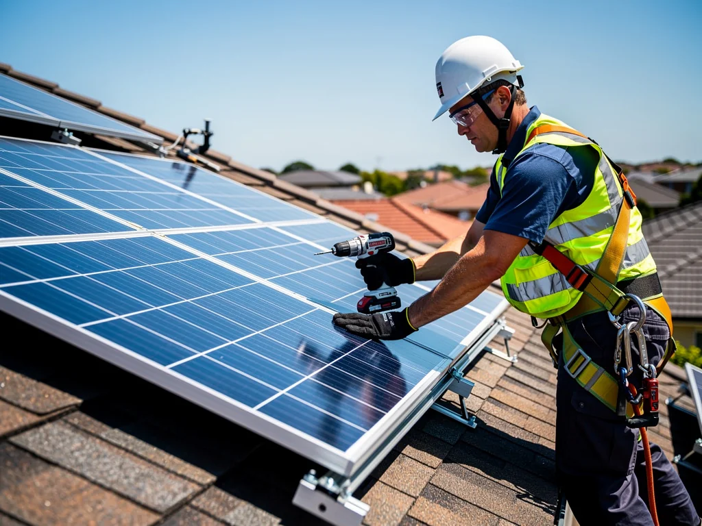 Artisan RGE fixant un panneau solaire sur des rails de toiture
