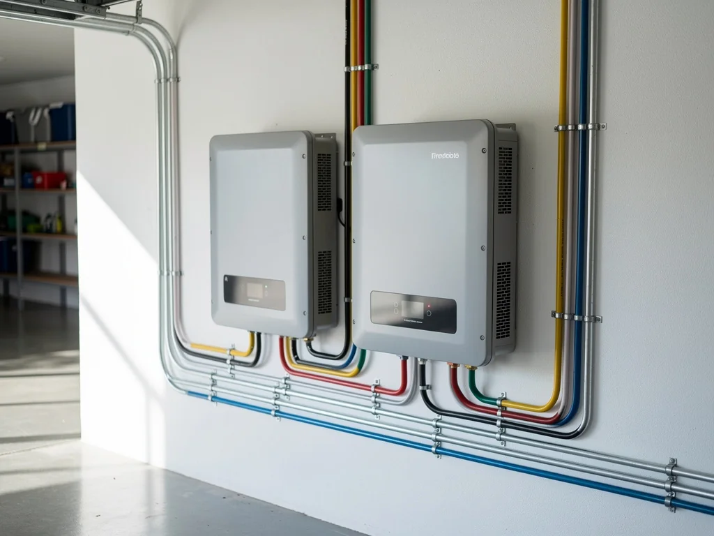 Onduleur et batterie de stockage solaire raccordés dans un garage