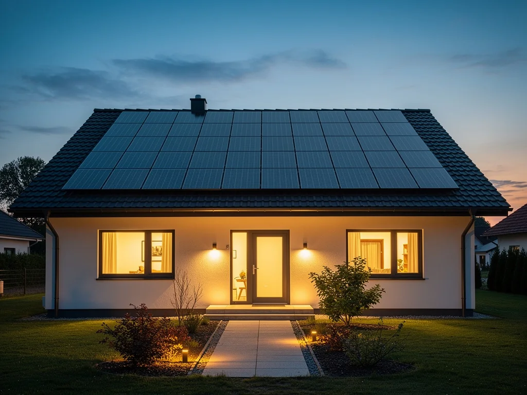 Maison équipée de panneaux photovoltaïques à la tombée du jour